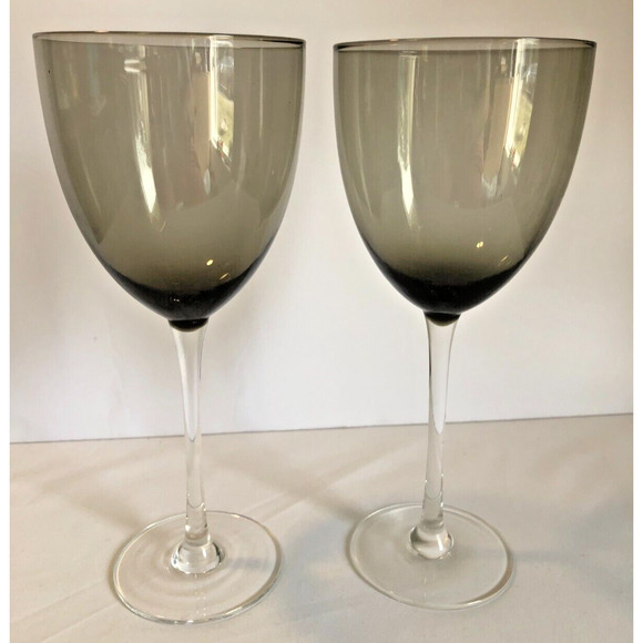 Set 2 Smoke Gray & Clear Large Wine Glasses Goblets Stemmed 9" Tall Barware Mod - Picture 1 of 3